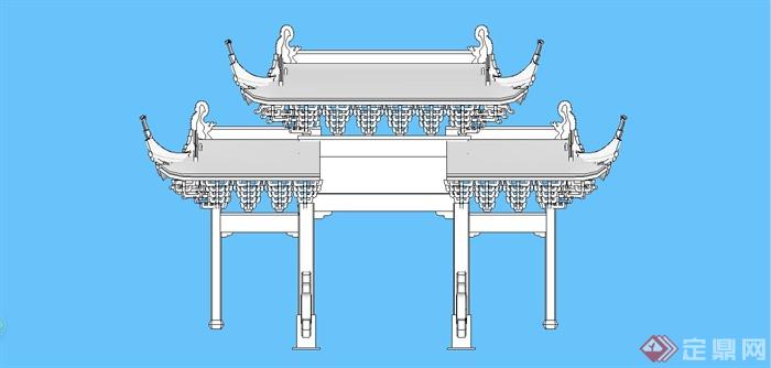某精致古典中式风格牌坊大门设计SU模型(1)