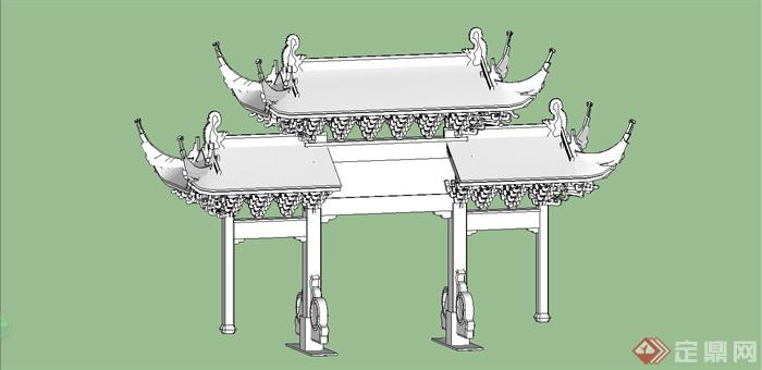 某精致古典中式风格牌坊大门设计SU模型(3)