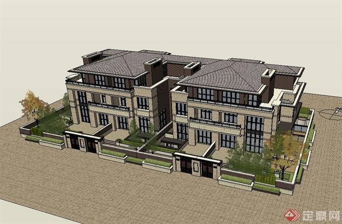 新古典风格详细精致联排别墅楼设计su模型(2)
