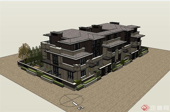 新古典风格详细精致联排别墅楼设计su模型(3)