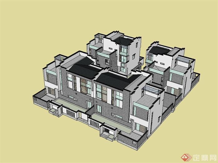 徽派丶新中式别墅建筑楼设计su模型(1)