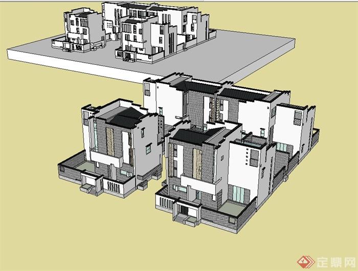 徽派丶新中式别墅建筑楼设计su模型(3)