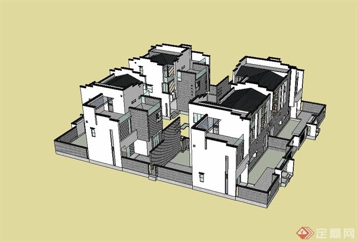 徽派丶新中式别墅建筑楼设计su模型(2)
