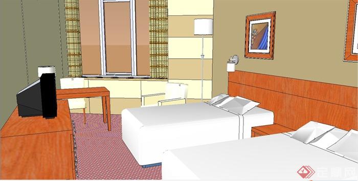 某现代风格酒店双人客房室内设计SU模型(2)