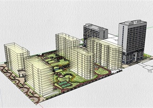 某现代风格办公楼建筑及小区规划设计SU(草图大师)模型