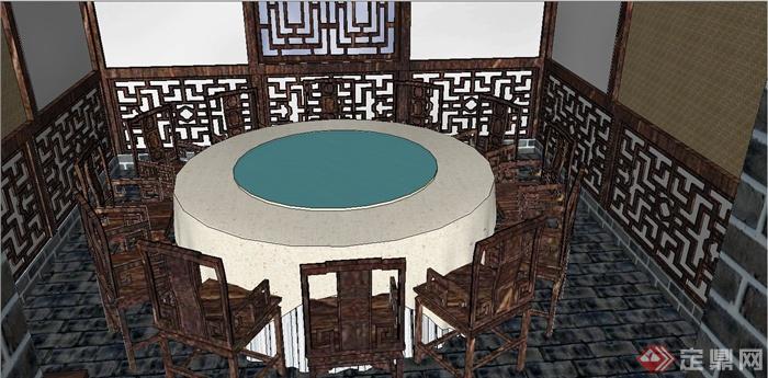 某现代中式风格餐厅室内装饰设计SU模型(3)