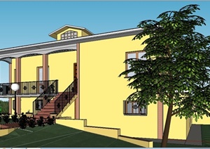 简约美式二层庭院别墅住宅建筑设计SU(草图大师)模型