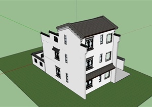 某精致现代中式风格徽派独栋别墅建筑设计SU(草图大师)模型
