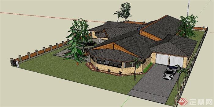 某地美式乡村住宅建筑设计su模型(3)