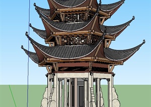 古典中式精美六角塔楼设计SU(草图大师)模型