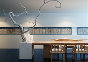 某现代中式茶室泡茶桌椅子树干枝组合空间设计3d模型