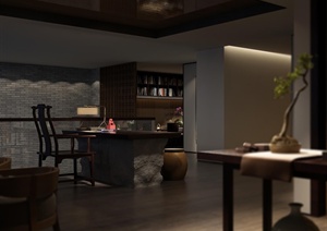 现代中式风格夜景茶楼室内设计3d模型