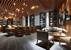 某现代中式咖啡馆室内空间设计3d模型