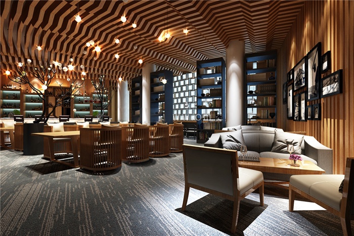 某现代中式咖啡馆室内空间设计3d模型