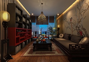 某现代中式风格详细客厅空间设计3d模型