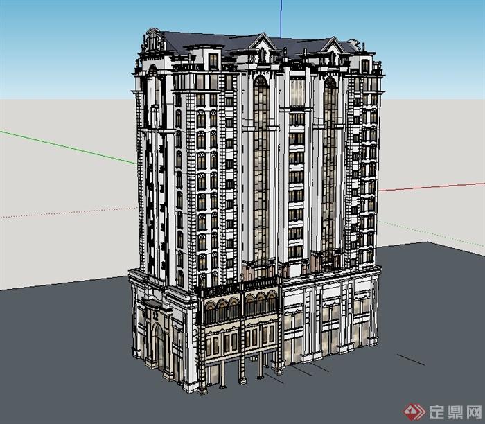 某美式风格商业住宅建筑楼设计su模型(1)