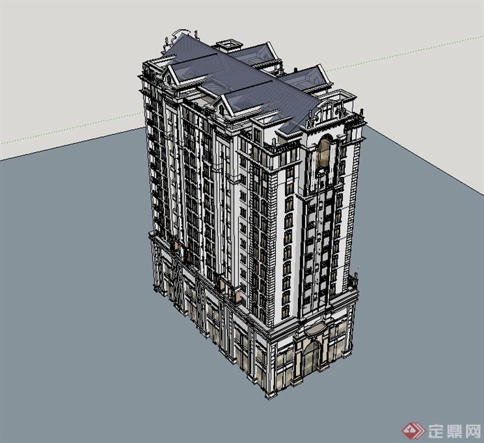某美式风格商业住宅建筑楼设计su模型(2)