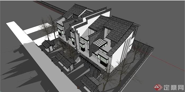 某精美现代中式风格联排别墅住宅建筑设计SU模型(1)