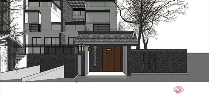 某精美现代中式风格联排别墅住宅建筑设计SU模型(4)