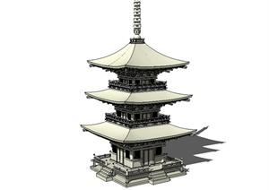 中国古典中式风格三层塔楼建筑设计SU(草图大师)模型