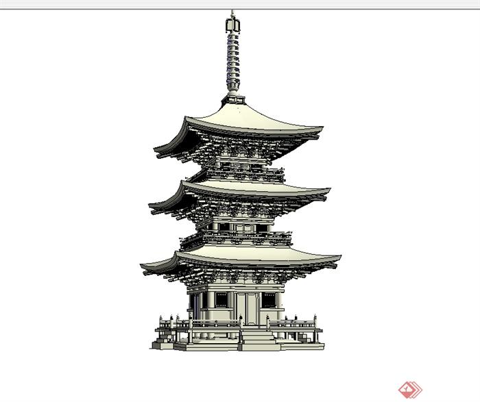 中国古典中式风格三层塔楼建筑设计su模型(3)