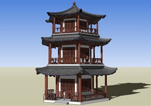 精美古典中式风格塔楼设计SU(草图大师)模型