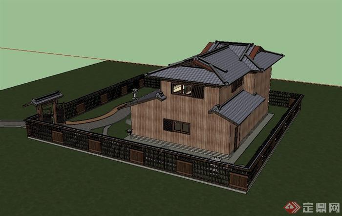 日式风格独栋别墅建筑设计su模型(3)