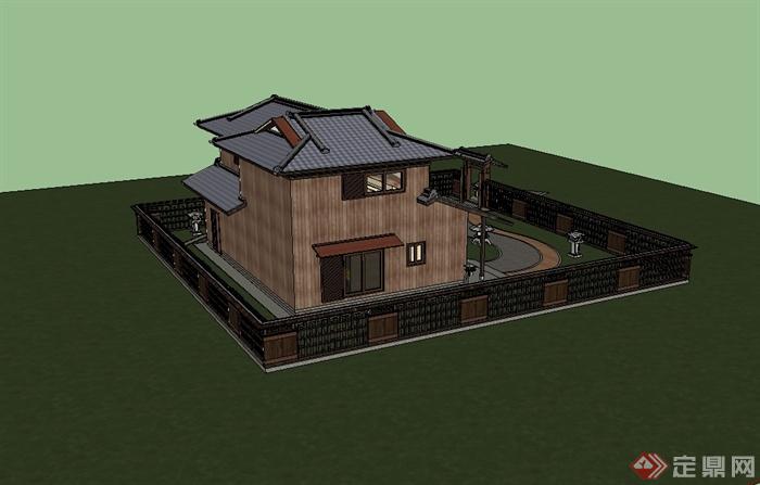 日式风格独栋别墅建筑设计su模型(2)