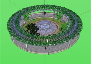 某现代风格圆形喷泉水景及花架设计SU(草图大师)模型