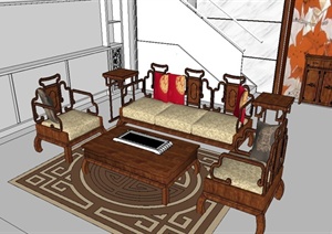某现代中式风格室内客厅设计SU(草图大师)模型