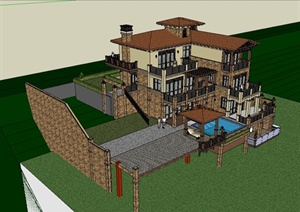 欧式别墅带游泳池建筑设计SU(草图大师)模型