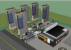 现代风格购物中心及住宅楼建筑设计SU(草图大师)模型