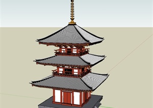 中国古典中式风格三层塔楼建筑SU(草图大师)模型