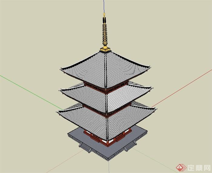 中国古典中式风格三层塔楼建筑su模型(3)