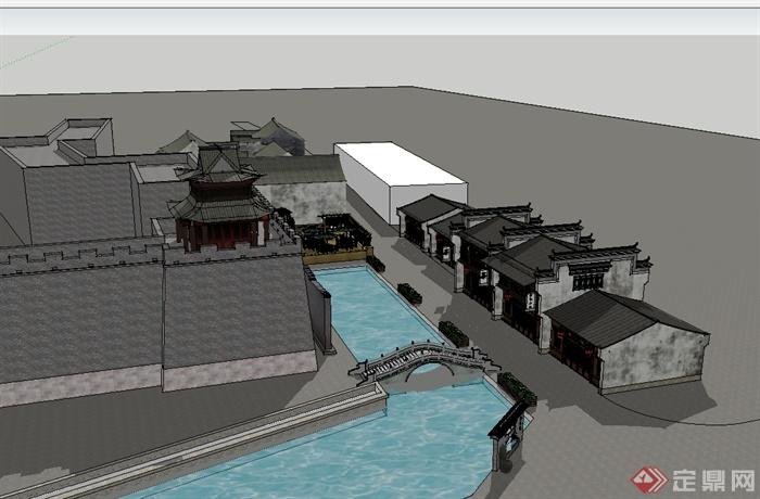 中国古典中式风格古镇商业楼建筑su模型(1)
