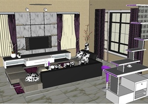 某现代风格紫色浪漫客厅室内装饰设计SU(草图大师)模型