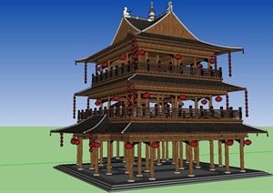 某古典中式风格吊脚楼建筑设计SU(草图大师)模型