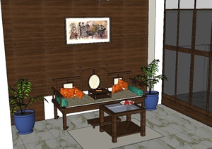 现代中式风格室内客厅设计SU(草图大师)模型