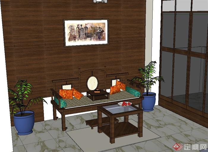 现代中式风格室内客厅设计su模型(1)