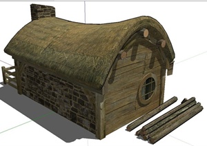 某古典中式风格乡村茅草屋建筑设计SU(草图大师)模型
