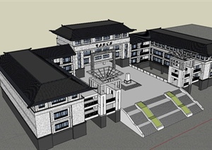 某现代中式风格行政办公楼建筑设计SU(草图大师)模型