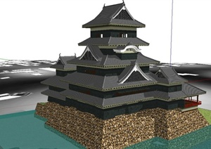 某古典中式风格滨水楼阁建筑设计SU(草图大师)模型
