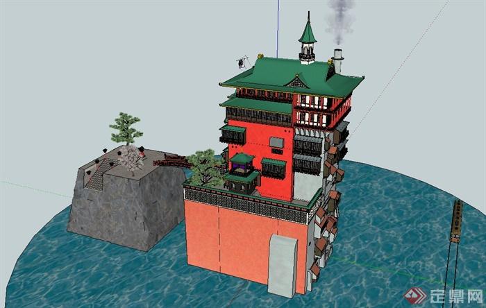 某日式古典海上商业楼建筑设计SU模型(3)