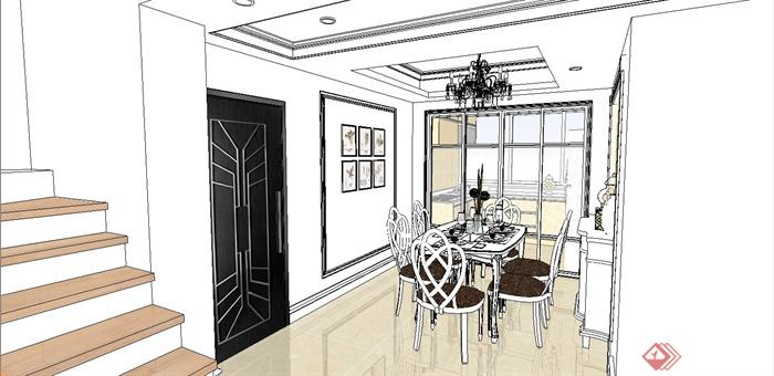 某欧式风格精致客厅餐厅室内装饰设计SU模型(1)