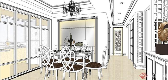 某欧式风格精致客厅餐厅室内装饰设计SU模型(5)