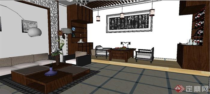 古典中式住宅客厅室内装修su模型(1)