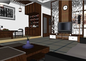 古典中式住宅客厅室内装修SU(草图大师)模型