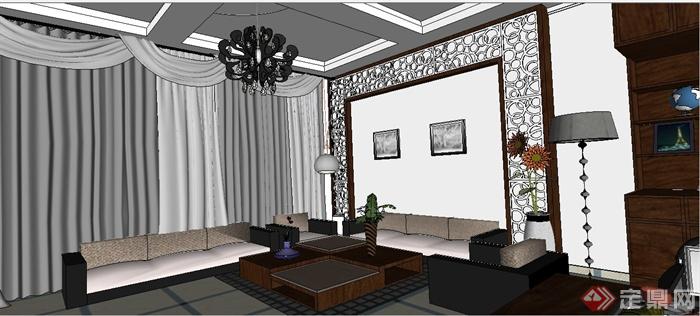 古典中式住宅客厅室内装修su模型(3)