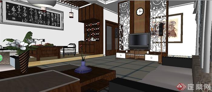 古典中式住宅客厅室内装修su模型(4)