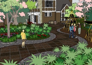 某现代风格住宅中庭景观及住宅楼设计SU(草图大师)模型